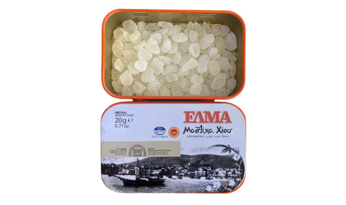 ELMA Chios mastic gum tin open showing medium tear pieces, front and back view on white background